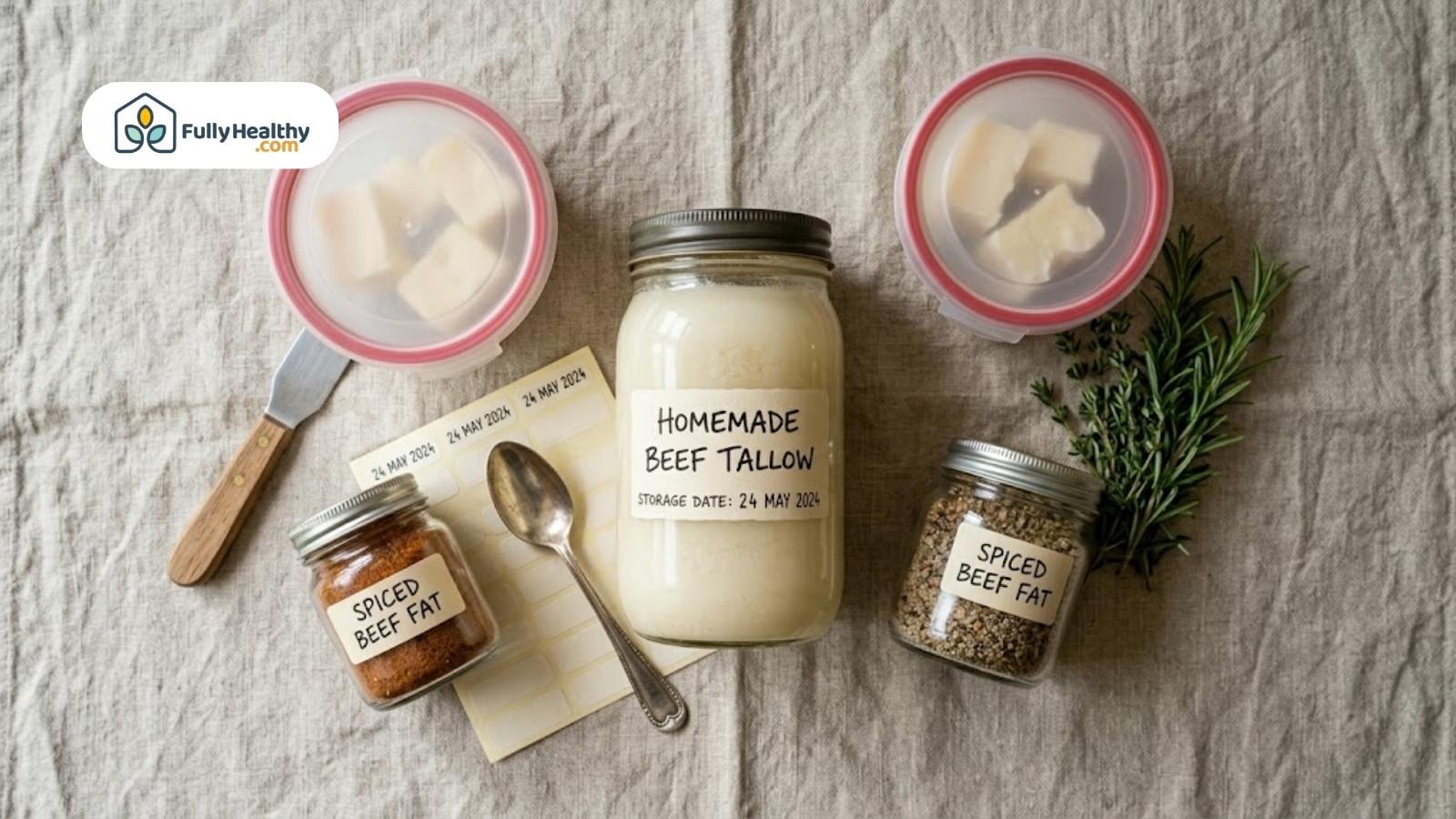 Beef tallow storage with labeled jars, spices, herbs, and portion containers
