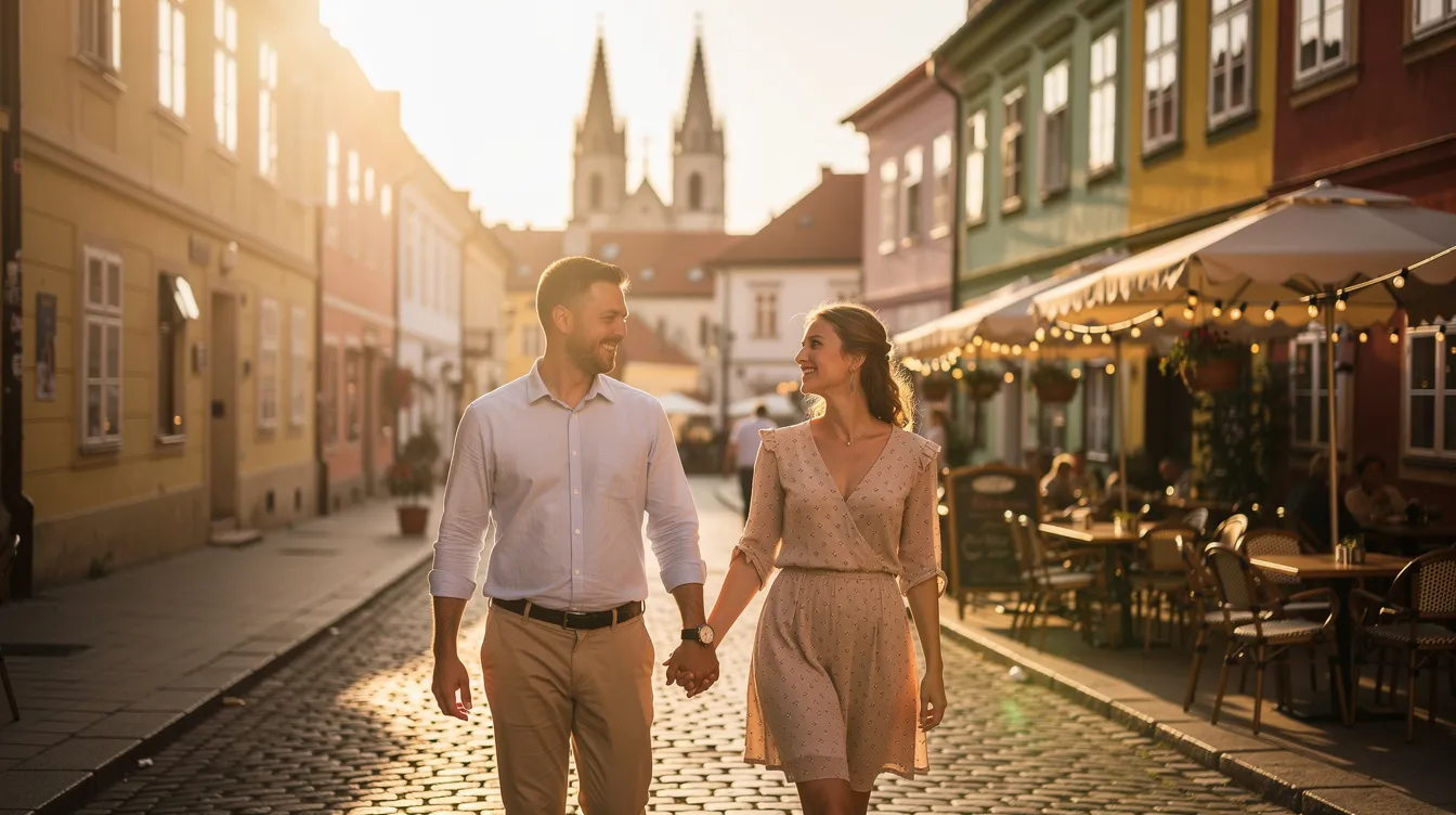 A imagem retrata um casal em lua de mel explorando as ruas de Zagreb, na Croácia, com a icônica Igreja de São Marcos ao fundo. A atmosfera é romântica, com o casal sorrindo e desfrutando da rica cultura e história da cidade.