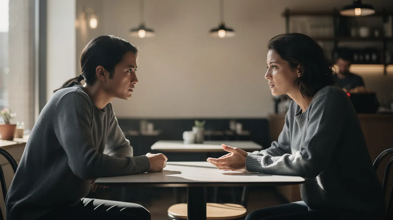 The image depicts two people sitting across from each other, engaged in a focused conversation, likely discussing important aspects of their relationship. This scene could represent a moment in couples counseling, where they work on understanding each other's feelings and managing marital problems to prevent divorce.
