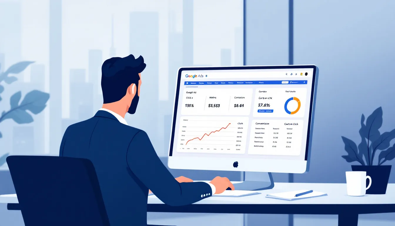The image illustrates a digital advertising strategy for small and medium enterprises (SMEs), focusing on Google Ads as a key platform to win more customers. It emphasizes the importance of data-driven campaigns and expert knowledge to enhance brand visibility and drive sales growth.