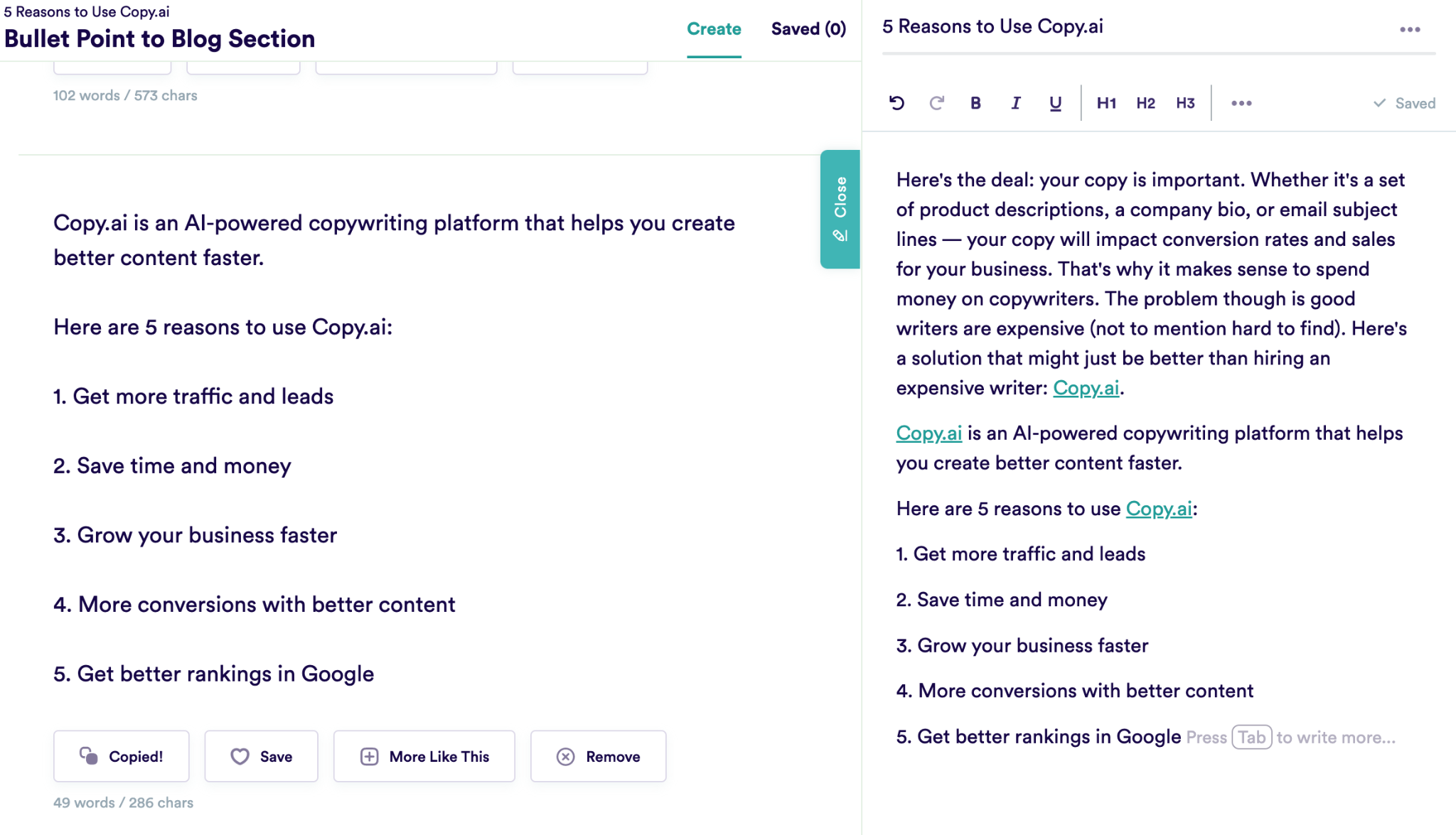 Copy.ai blog section tool