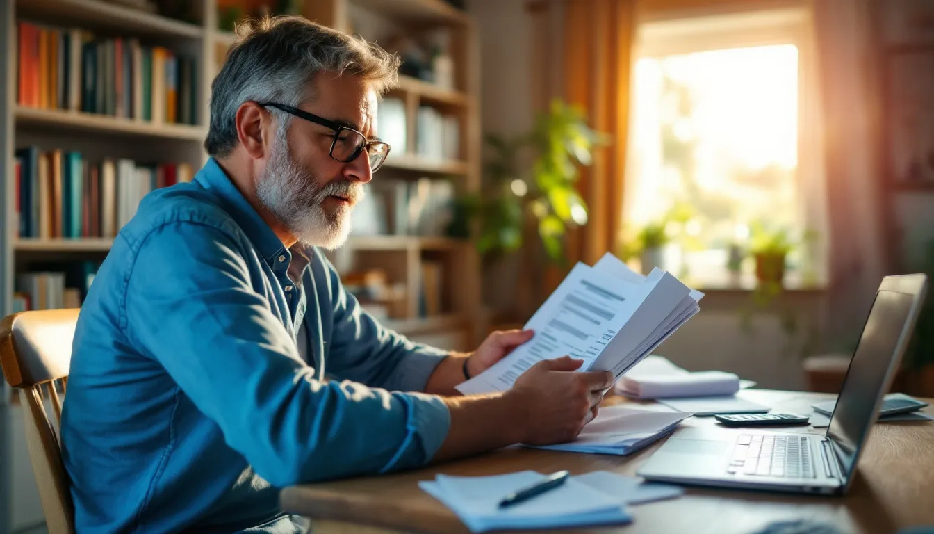 A homeowner is seated at a table, reviewing documentation and receipts related to energy tax credits, including those for energy efficient home improvements and heat pump installations. The scene emphasizes the importance of understanding tax deductions and credits available under the Inflation Reduction Act for Michigan homeowners.