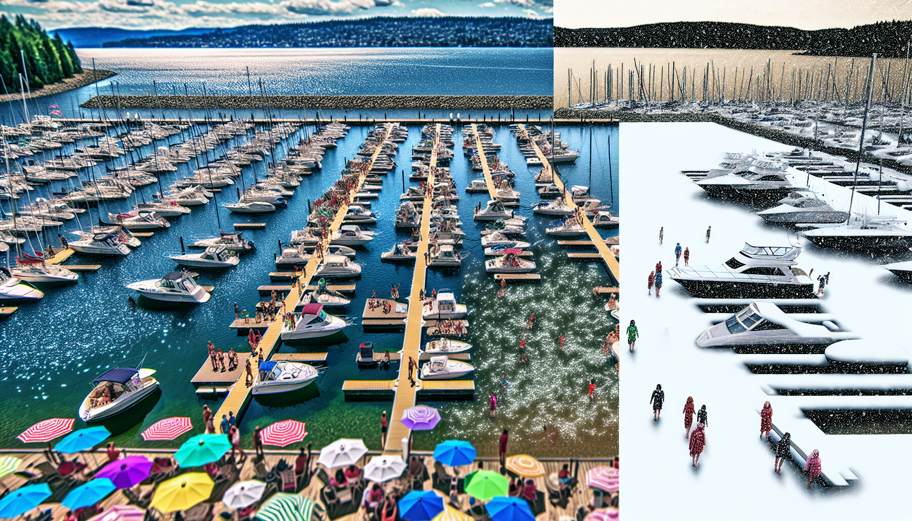 Boats in a marina during summer and winter