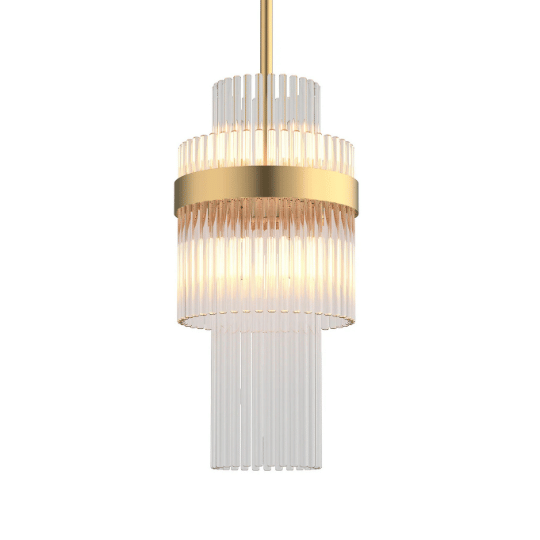Elegant gold and glass pendant light with layered vertical rods, perfect for adding a luxurious and modern touch to an entryway lighting design.