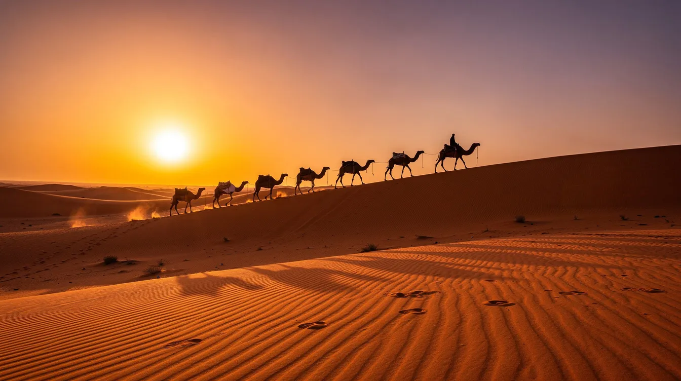 A silhouette of a camel caravan gracefully traverses the orange dunes of the Sahara Desert at sunset, creating a stunning contrast against the vibrant sky. This captivating scene evokes the spirit of adventure and the rich culture of Morocco, inviting travelers to explore the enchanting landscapes and cultural attractions of Marrakech and beyond.