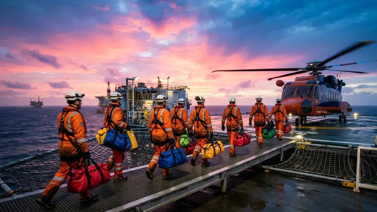 Commercial flight and offshore transfer stages for a rotation worker