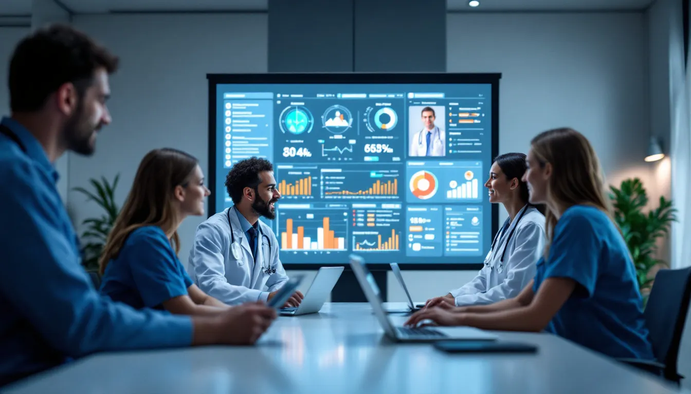 An integrated healthcare team collaborates around patient data displays, focusing on comprehensive care coordination to improve patient outcomes and enhance patient satisfaction. This teamwork aims to support value-based care models, ensuring high-quality care and effective management of chronic diseases while reducing healthcare costs.