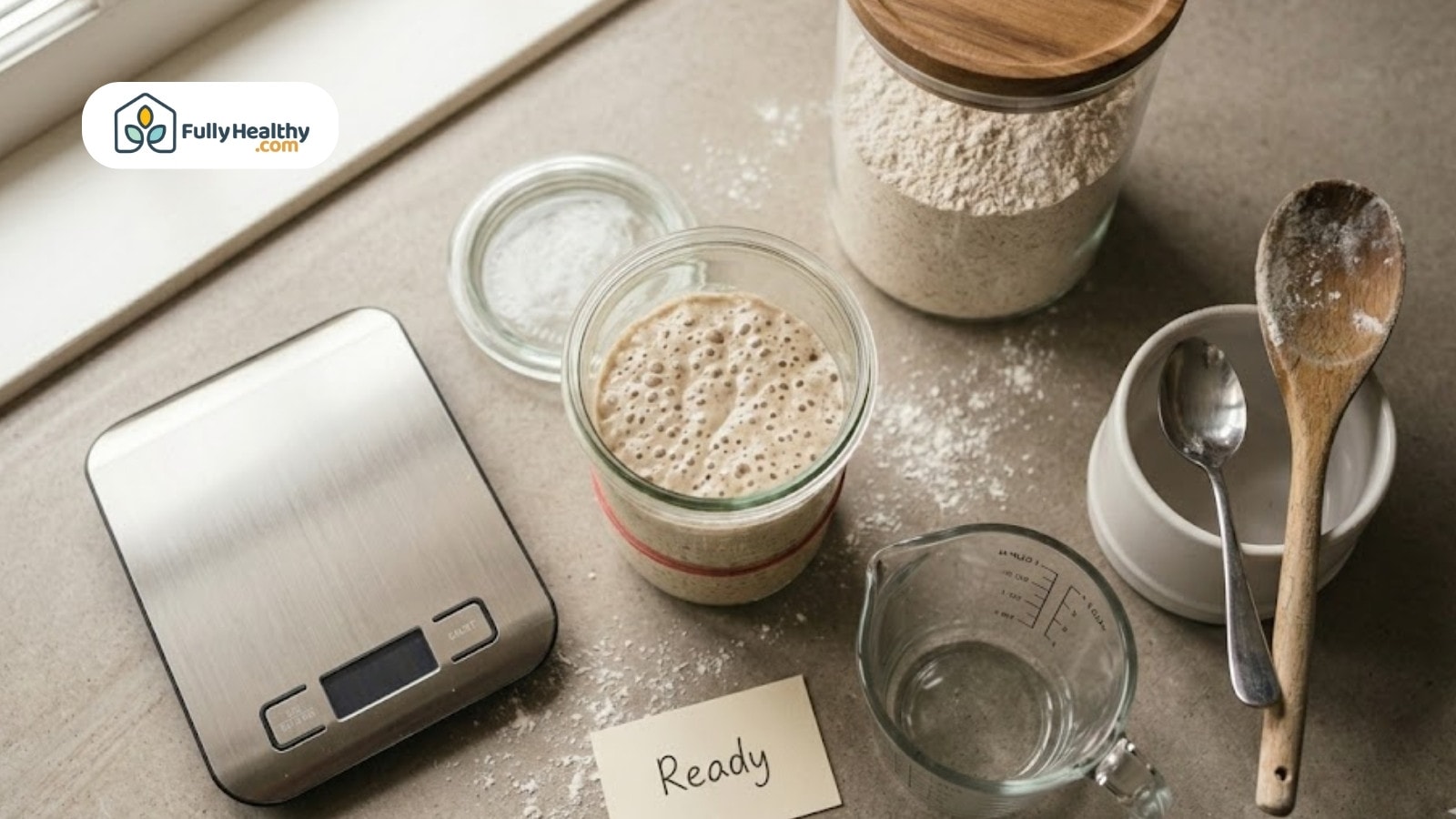 Sourdough starter with baking tools and ingredients on counter
