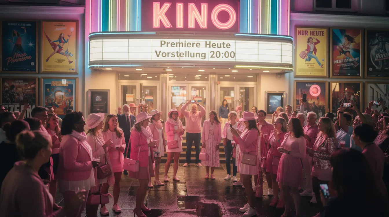 Eine große Menschenmenge versammelt sich vor dem Kinoeingang, viele tragen pinke Kleidung und Accessoires, die an die Barbie-Welt erinnern. Im Hintergrund leuchten bunte Plakate und Lichter, die auf den neuen Barbie-Film von Regisseurin Greta Gerwig hinweisen.