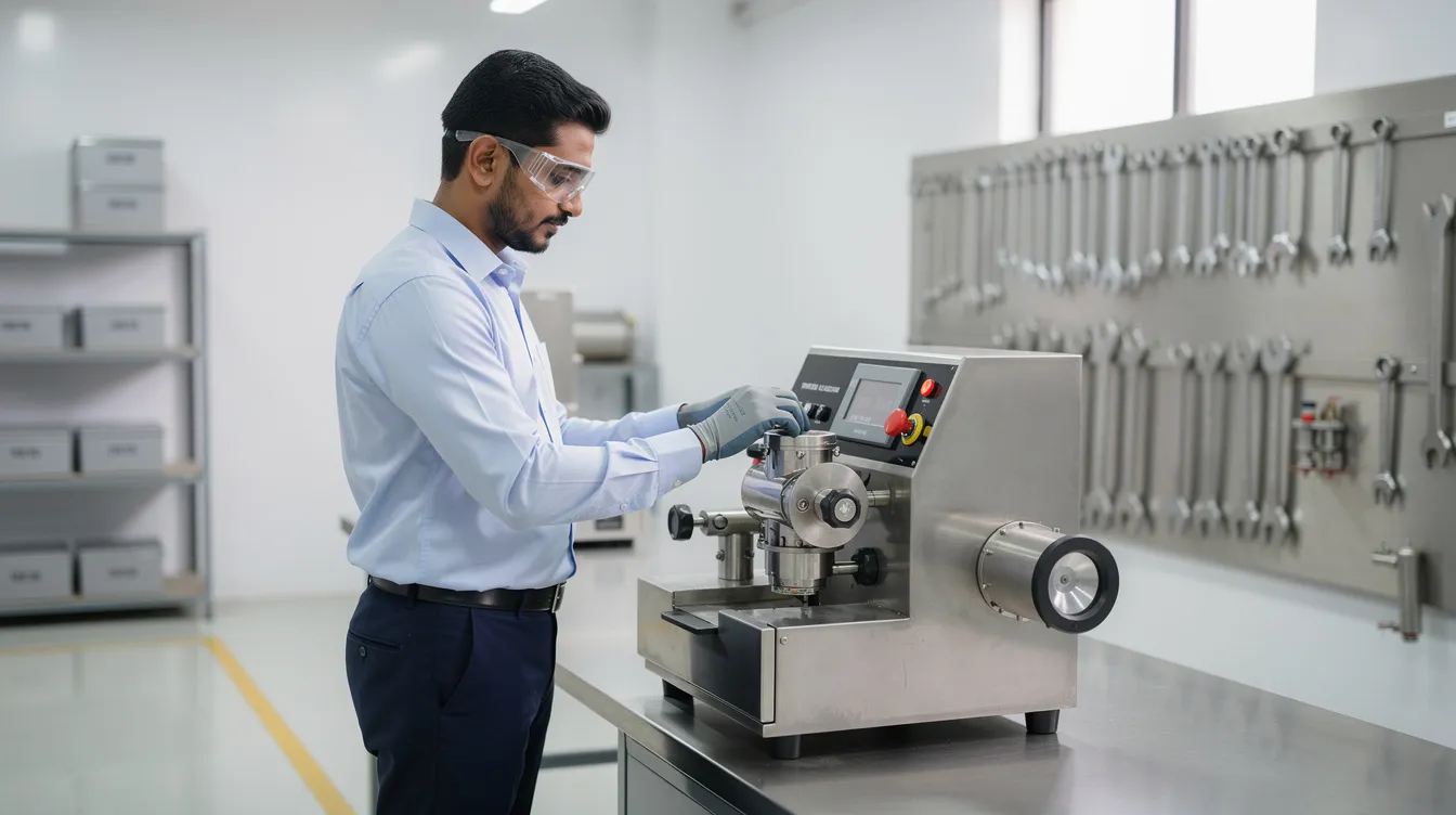 934c3b0c bec4 484a 933c 894f431c04d3 An Indian entrepreneur is seen operating a small processing machine in a clean workshop environment, showcasing the practical application of their business plan and financial projections as part of their mudra loan project. The space reflects a focus on commercial manufacturing processes, essential for small business owners looking to enhance their productivity.