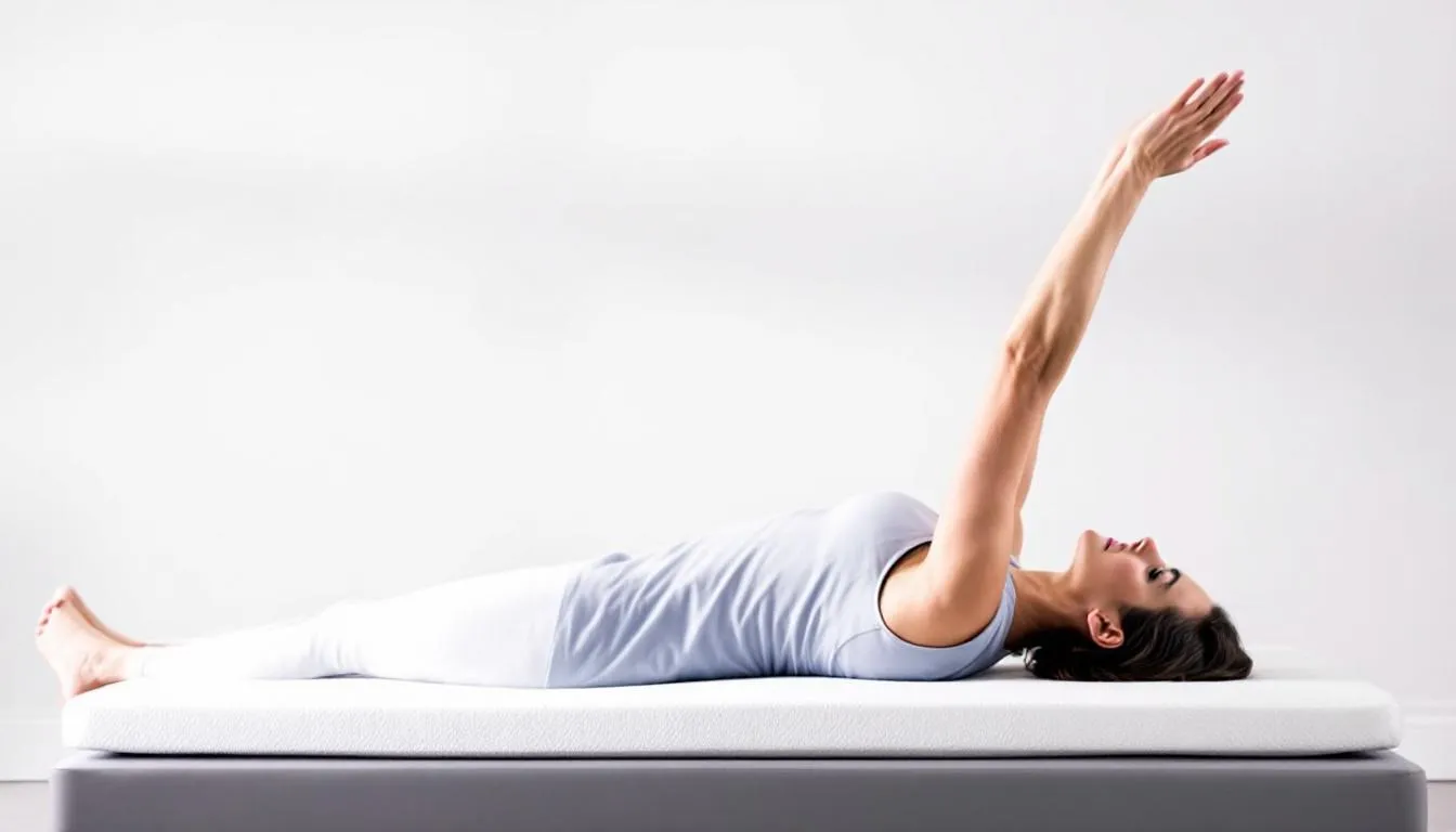 A person is demonstrating proper spinal alignment while performing pilates exercises on a supportive mattress, showcasing movements such as the double leg stretch and pelvic curl. The individual maintains a mindful approach to body awareness, promoting relaxation and enhancing flexibility for better sleep quality.