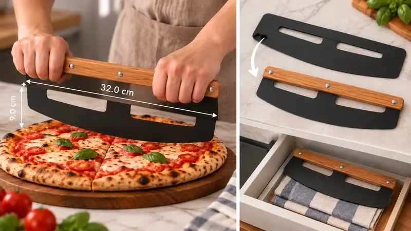 Rocker length shown against a large pizza, with a separate view of protected storage.