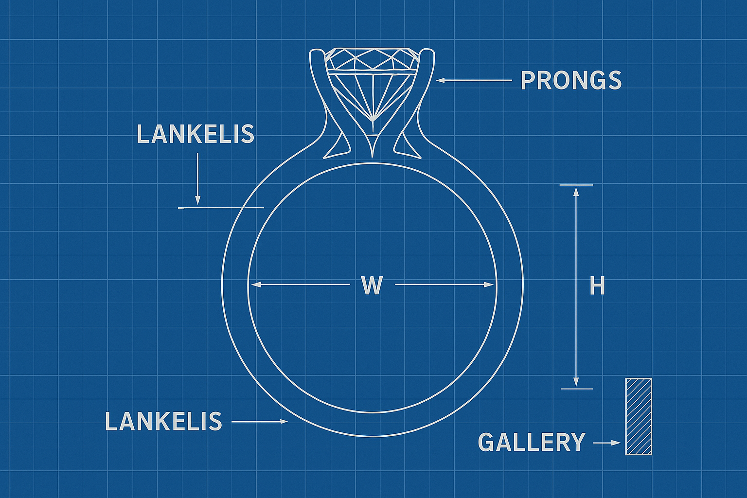 Mėlyno brėžinio fone pavaizduotas sužadėtuvių žiedas – aiškiai pažymėti lankelis, karūnėlė (prongs)