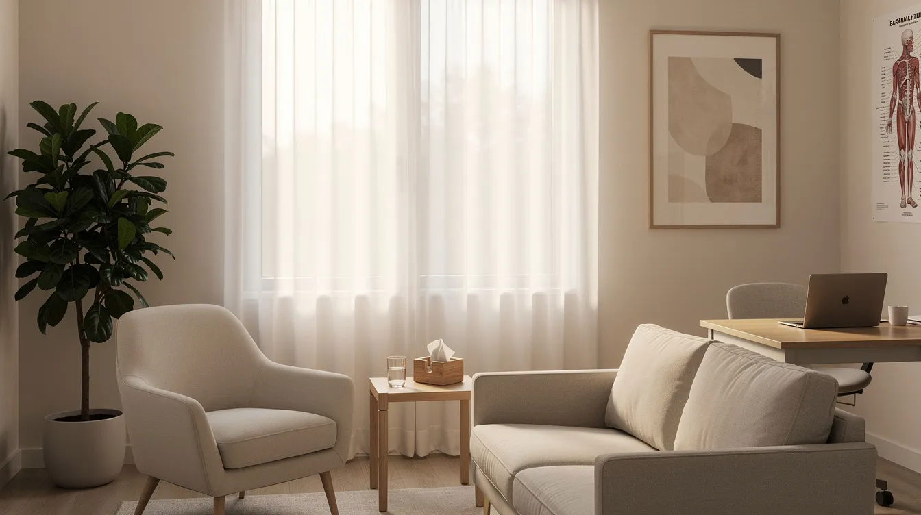 The image depicts a serene clinical consultation room featuring soft lighting and comfortable seating, creating a welcoming atmosphere for discussing elective cosmetic procedures like mommy makeover surgeries, which may include breast augmentation and tummy tuck. This calm environment is ideal for patients considering their options and costs associated with various surgical procedures.