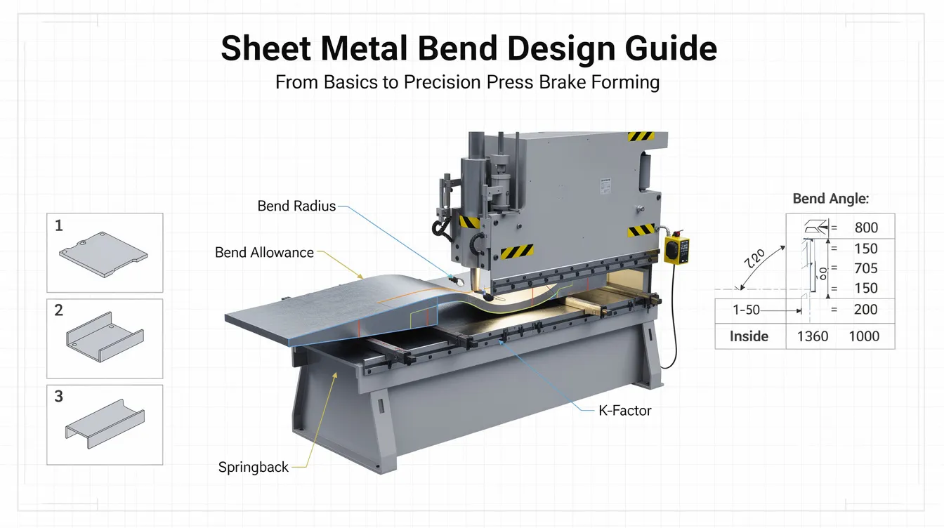 The image depicts a comprehensive guide on sheet metal bending, showcasing various bending methods such as air bending and roll bending, along with details on bend angles, bend radii, and the importance of material thickness. It highlights the bending process and design considerations necessary for creating precise sheet metal parts, including calculations for bend allowance and maintaining uniform wall thickness.