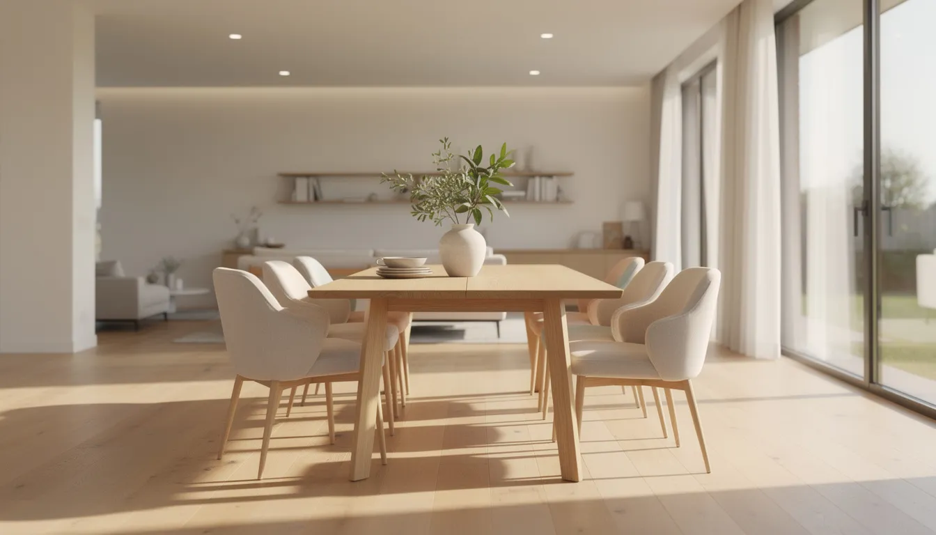 The image features a modern open-plan dining area showcasing a wooden extendable dining table surrounded by upholstered chairs, with natural light flooding through large windows. This inviting space is designed for both everyday dining and accommodating larger gatherings, combining elegance with practicality.