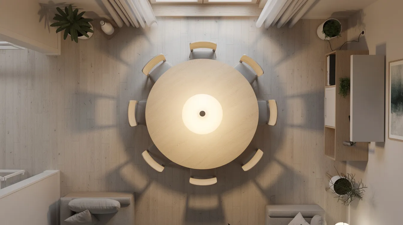 En matsal sedd uppifrån med ett stort runt matbord med en diameter på 180 cm, placerat centralt under en elegant taklampa. Bordet skapar en social och inbjudande atmosfär för många personer att samlas kring.