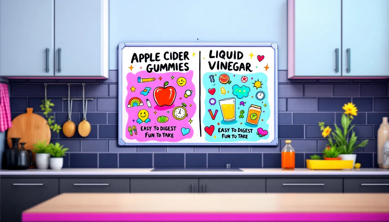 A comparison of apple cider vinegar gummies and liquid vinegar in a kitchen setting.