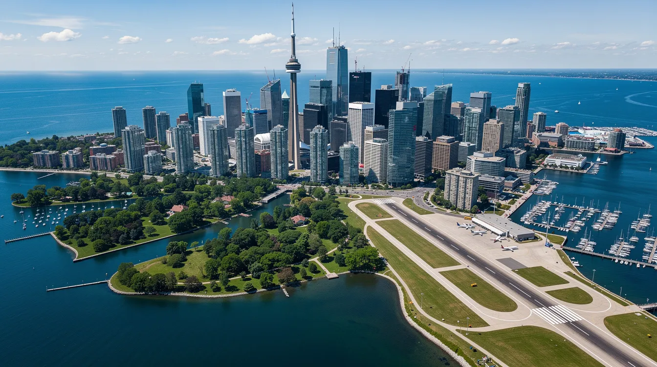 An aerial view captures Toronto's vibrant waterfront and islands, showcasing the small Billy Bishop Toronto City Airport runway nestled near the downtown skyline. The scene highlights the city's blend of natural beauty and urban development, with Lake Ontario shimmering in the background and the bustling cityscape in the foreground.