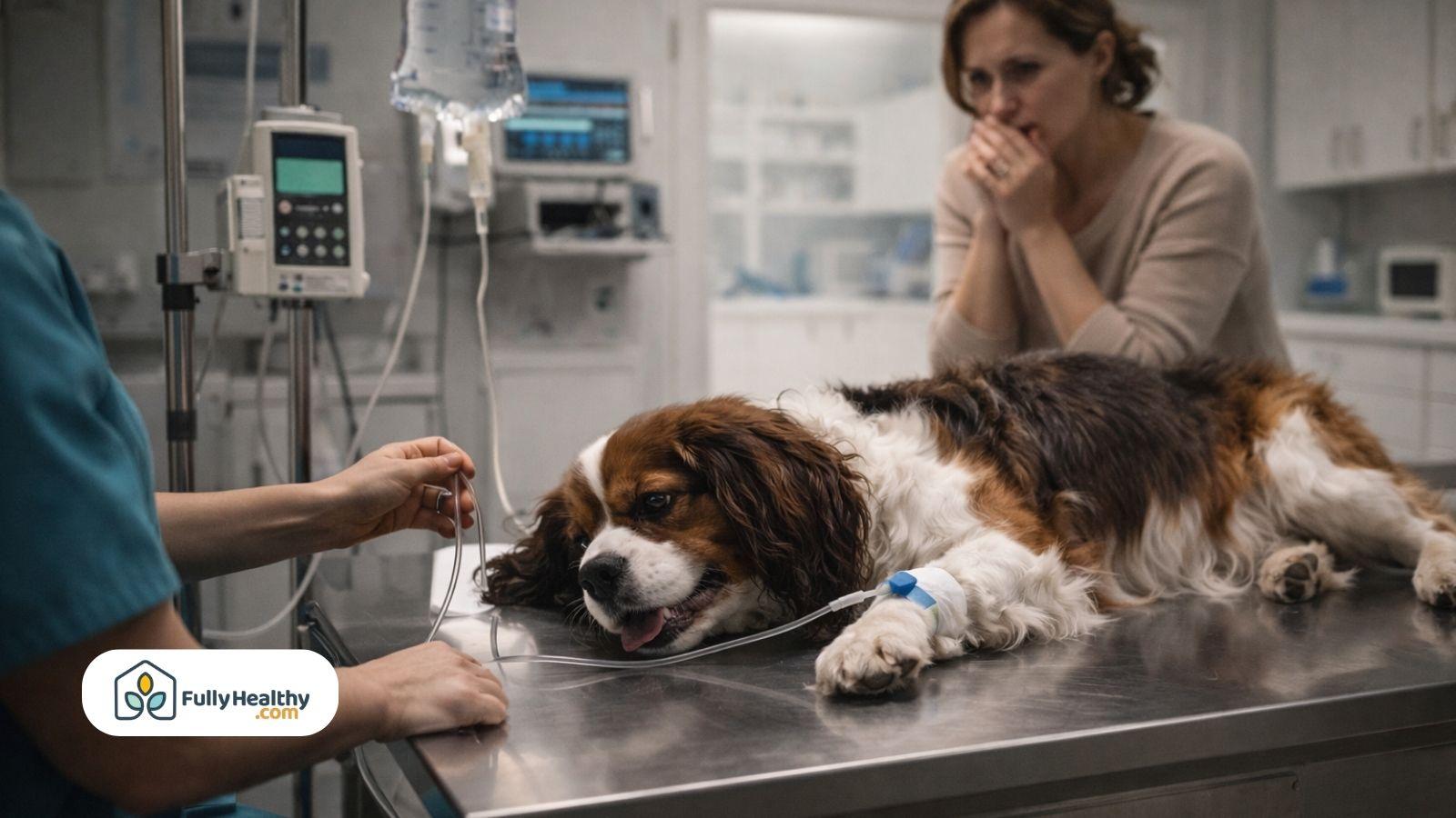 Dog receiving IV fluids at vet clinic with worried owner nearby