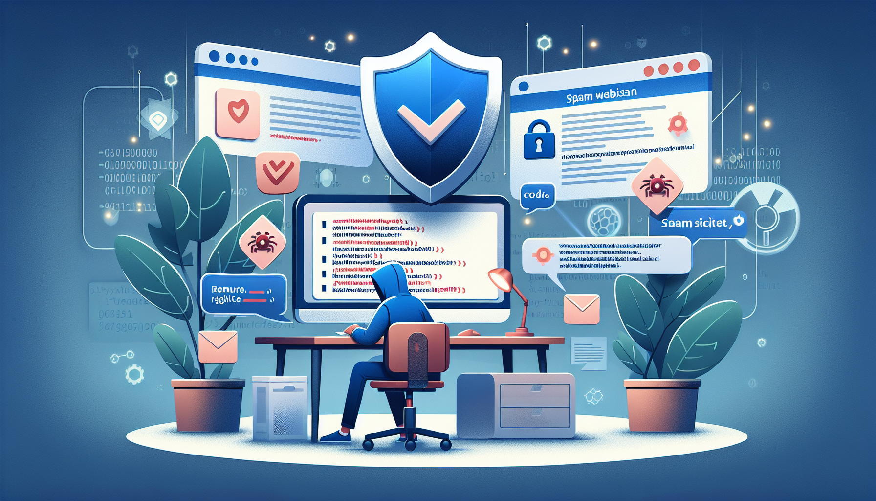 An illustration of the process of cleaning up after a spam website attack, showing malware removal.