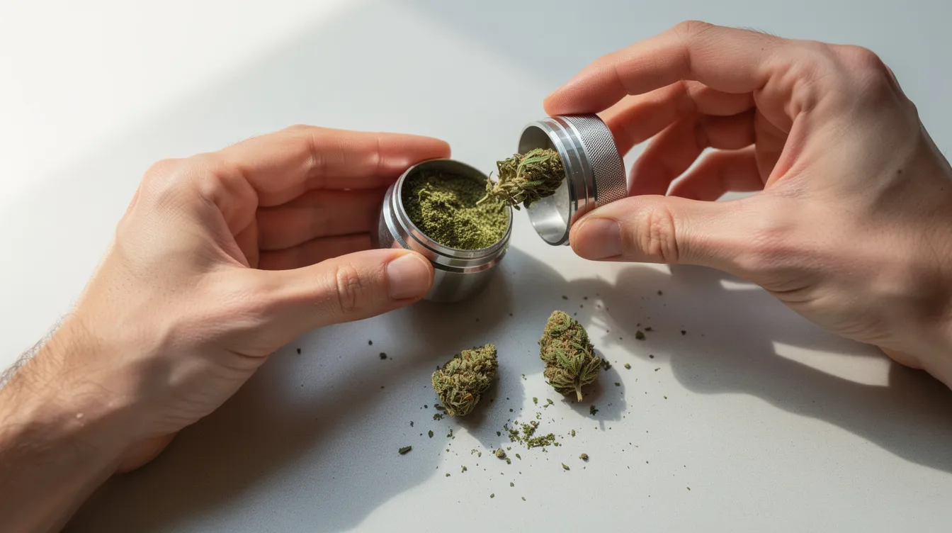 The image shows hands using a metal grinder to prepare cannabis herb on a clean surface, emphasizing the process of achieving a medium grind for optimal vapor production. This preparation is essential for a smoother vaping experience, ensuring the ground herb releases flavorful terpenes when used in a dry herb vaporizer.