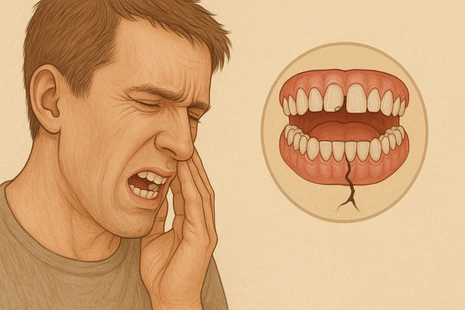 Mann med sterke smerter og synlig tann- og kjevefraktur, detaljert visning av sprekk i tennene og nedre kjeve.