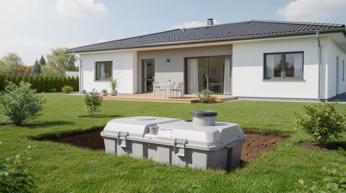 L'image montre une micro-station d'épuration compacte installée dans le jardin d'une maison individuelle, entourée d'une pelouse verte. Ce dispositif d'assainissement non collectif est conçu pour le traitement des eaux usées dans un milieu naturel.