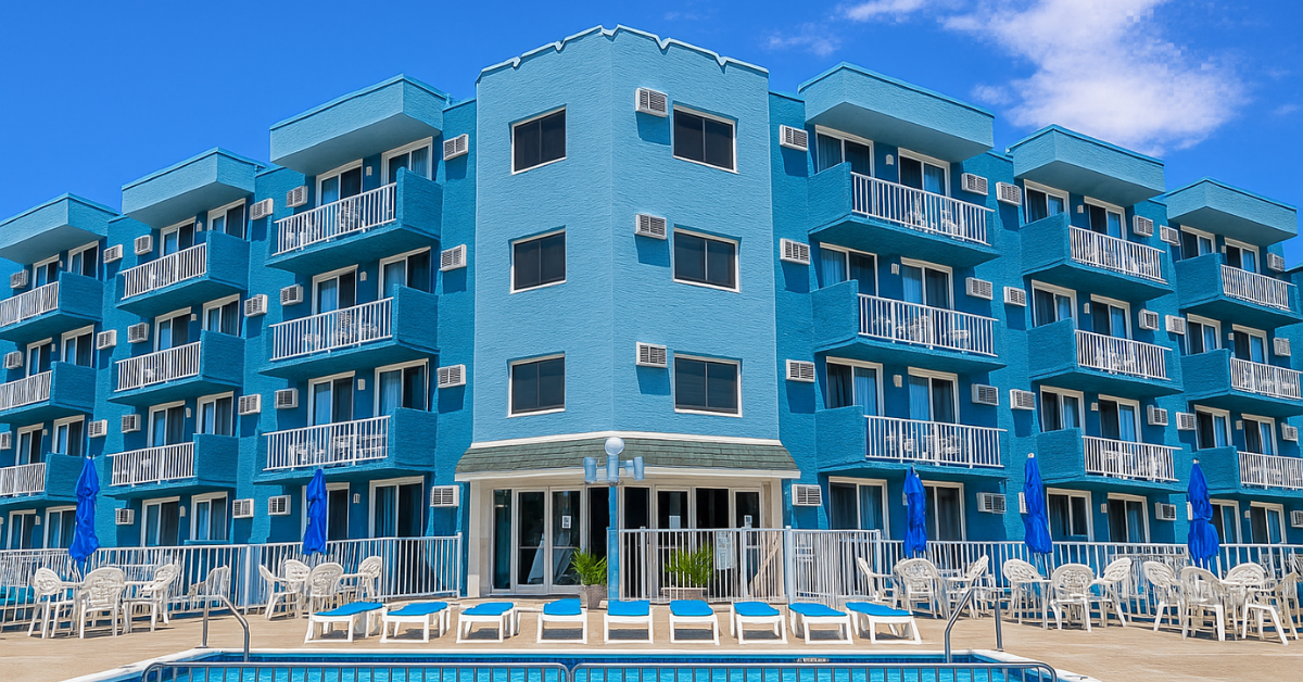 Front view of the Diplomat Beach Club building at 225 E Wildwood Avenue with balconies overlooking the pool.