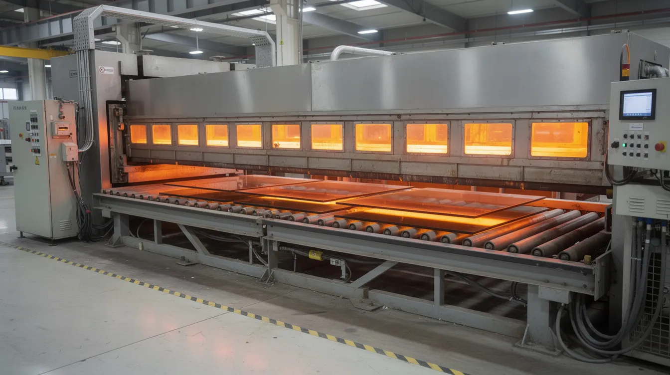 An industrial glass tempering furnace is depicted, showcasing heated glass panels undergoing the tempering process, which involves rapid cooling to enhance their strength and safety. This manufacturing process produces tempered glass, a type of safety glass known for its thermal resistance and ability to resist impact, making it suitable for applications like tempered glass windows and shower doors.