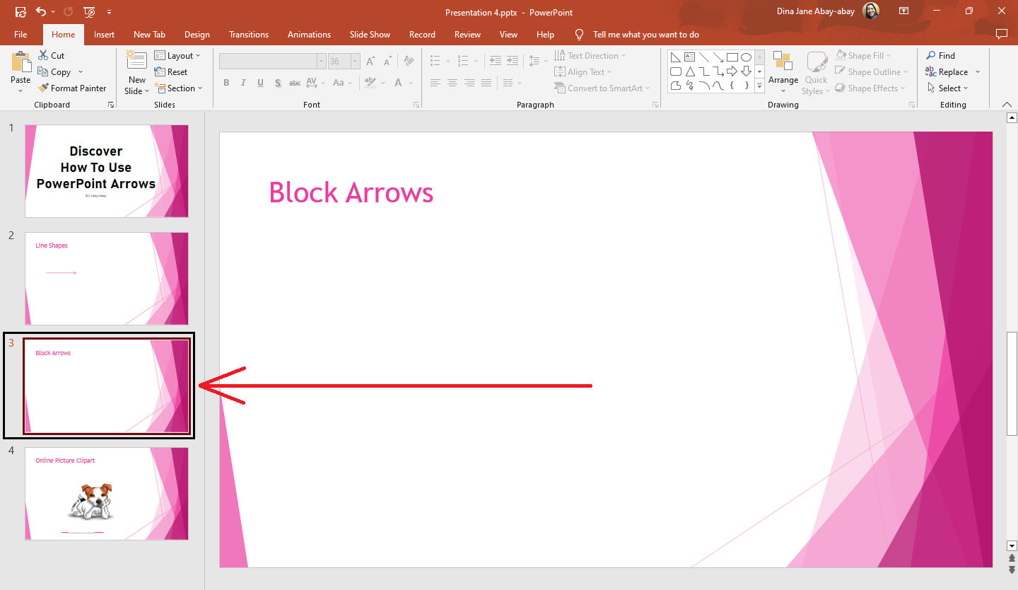 Select the presentation slide where you want to put block or curved arrow.