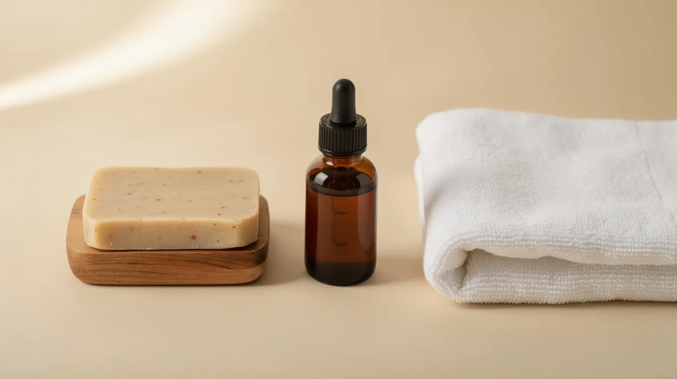 The image features a simple skincare flatlay that includes a handmade soap bar, a dark glass bottle of rosehip oil, and a soft towel, highlighting the nourishing properties of rosehip oil for healthy skin. This arrangement suggests a skincare routine aimed at improving skin tone, reducing blemish-prone skin, and enhancing skin elasticity with essential fatty acids and vitamins.