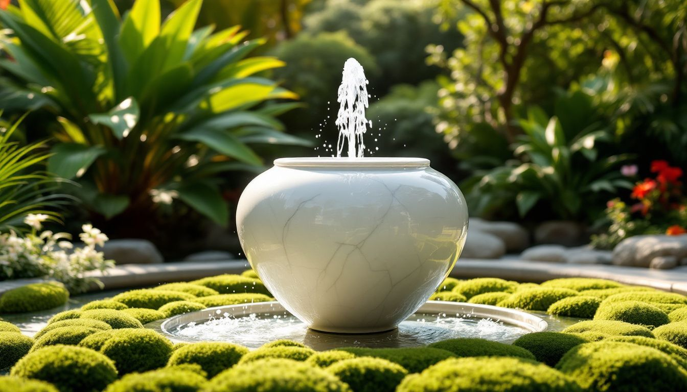 Stylish urn fountain showcasing modern elegance in a garden.