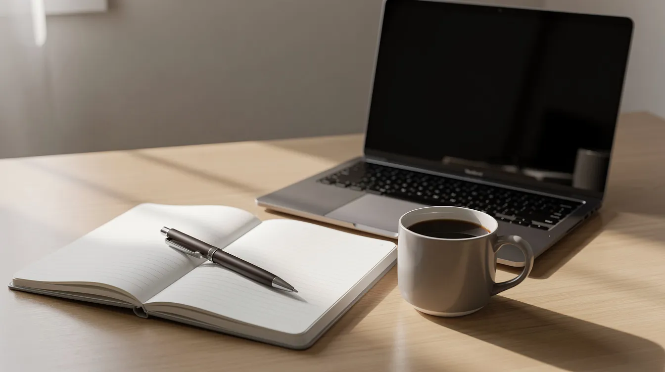 The image shows a neatly organized desk workspace featuring a laptop, an open notebook, a pen, and a coffee mug, creating an inviting atmosphere for productivity and cold email outreach. This setup is ideal for sales professionals drafting effective cold email templates to engage potential customers.