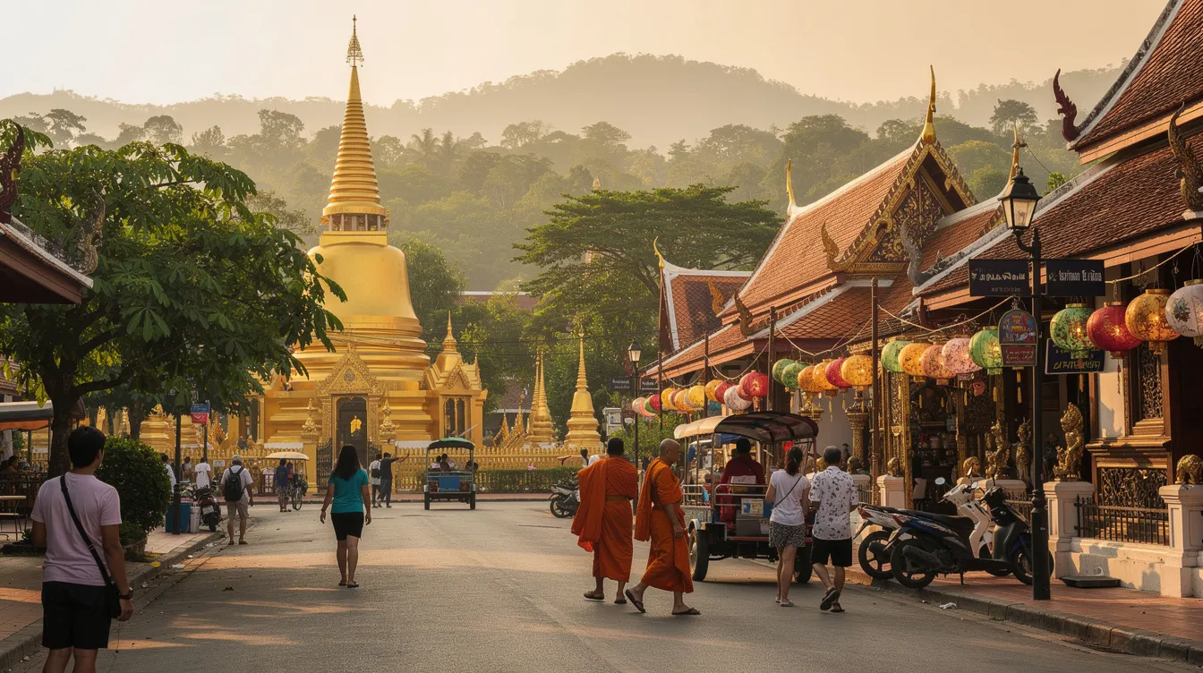 A imagem retrata a cidade de Chiang Mai, na Tailândia, com suas montanhas ao fundo e templos tradicionais, como o Wat Phra Kaew. Turistas exploram as ruas movimentadas, onde circulam tuk tuks, enquanto aproveitam a rica cultura local e a deliciosa comida tailandesa, como o famoso pad thai.
