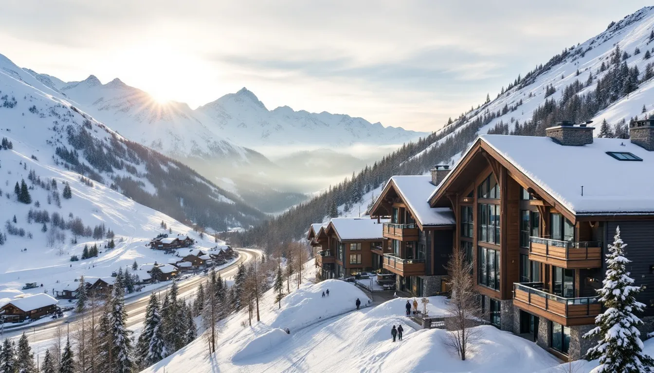 A picturesque view of mountain resort condos nestled against snowy peaks, with ski slopes visible in the foreground, offering breathtaking scenery and ideal vacation rentals in Brian Head, Utah.