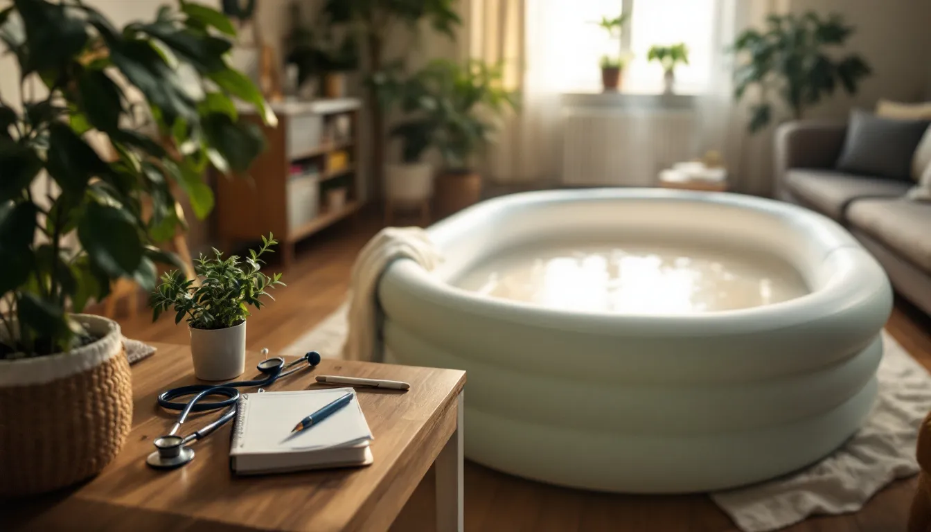A serene home environment set up for a home birth, showcasing a birthing pool and midwife tools.