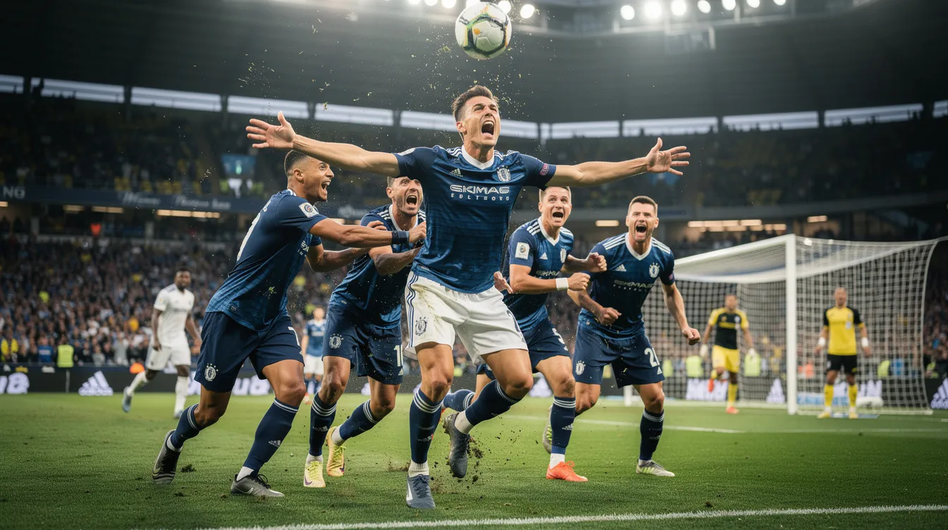 Ein Fußballspieler der deutschen Nationalmannschaft, umringt von seinen Mitspielern, jubelt nach einem Kopfballtor im Strafraum während eines WM-Qualifikationsspiels gegen Nordirland. Der Spieler, möglicherweise Nick Woltemade, zeigt seine Freude über den gelungenen Treffer, der zum 4:0-Sieg beiträgt.
