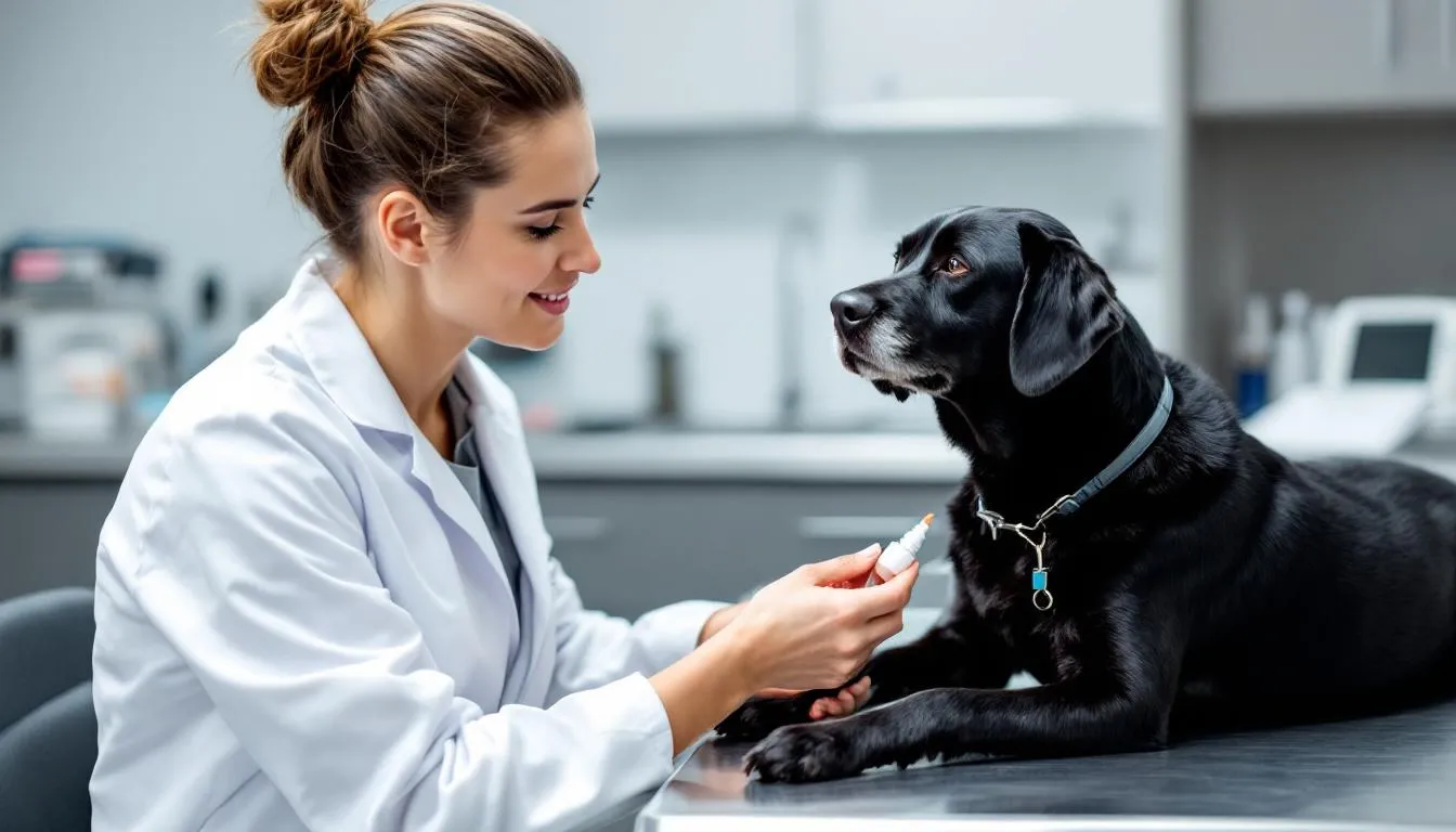 A veterinarian is gently administering eye drops to a calm dog as part of its treatment for glaucoma, focusing on the dog