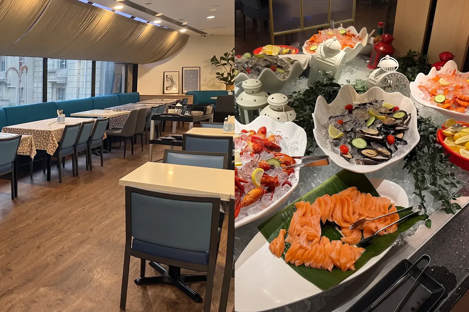 Split-screen image showing a restaurant interior with blue padded seating on the left, and a seafood buffet counter featuring fresh salmon sashimi, mussels, and lobsters on ice on the right.