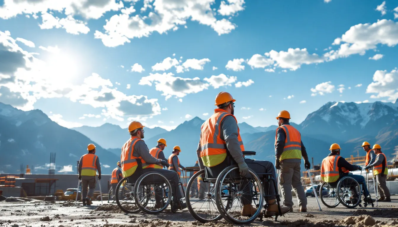 In the foreground, multiple injured workers are seen in wheelchairs and on crutches, standing together on the sideline of a construction site, while the scenic backdrop of Colorado's mountains adds a striking contrast. This image highlights the resilience of workers who have faced workplace injuries and may be navigating the complexities of workers compensation claims.