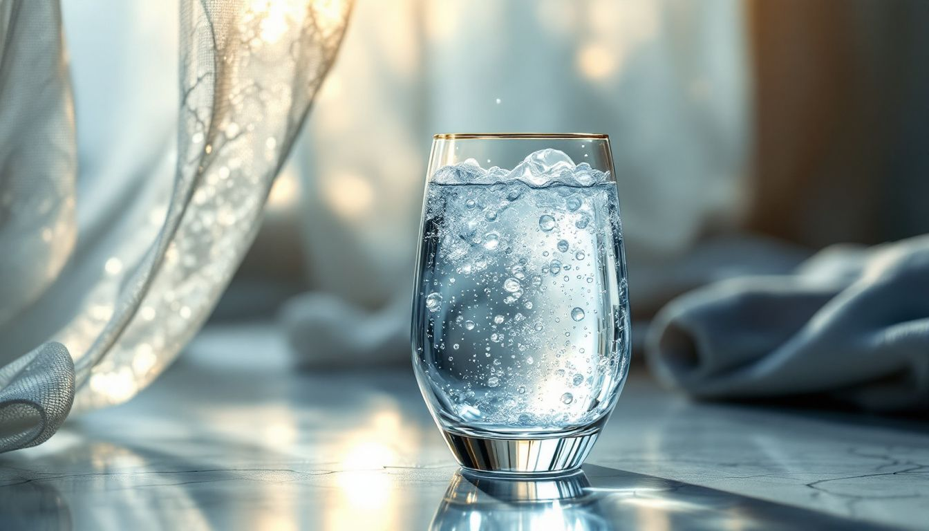 Un verre d'eau Vichy Célestin avec des bulles, mettant en avant ses propriétés et bienfaits.