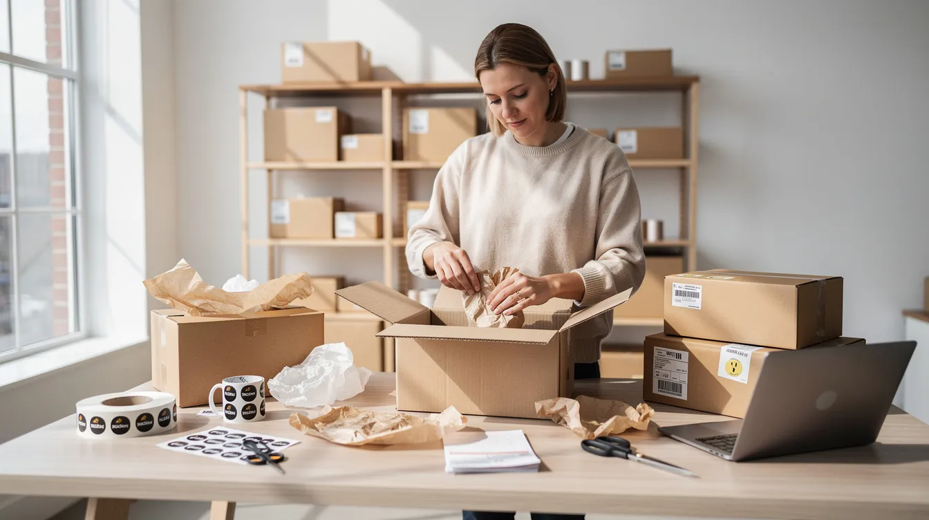 A small business owner is packing parcels in a bright workspace, preparing items for online sales through popular online marketplaces. The vibrant environment reflects the hustle of managing an ecommerce business, ensuring products reach potential customers efficiently.