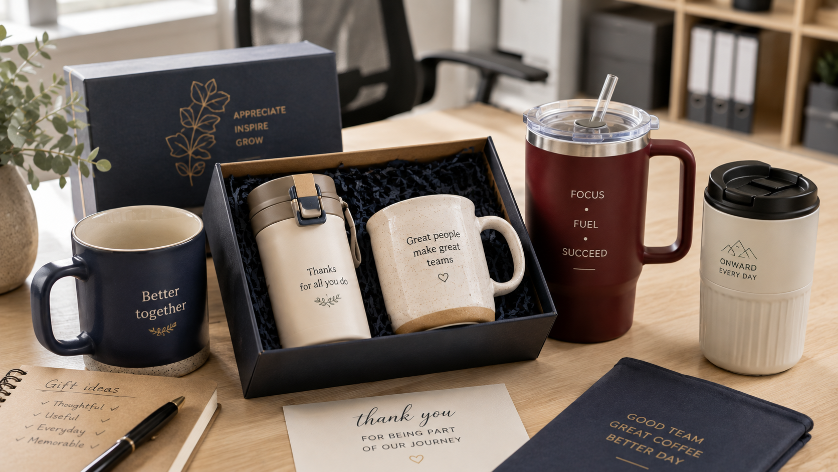 Coffee mugs and tumblers arranged as gifts for office teams