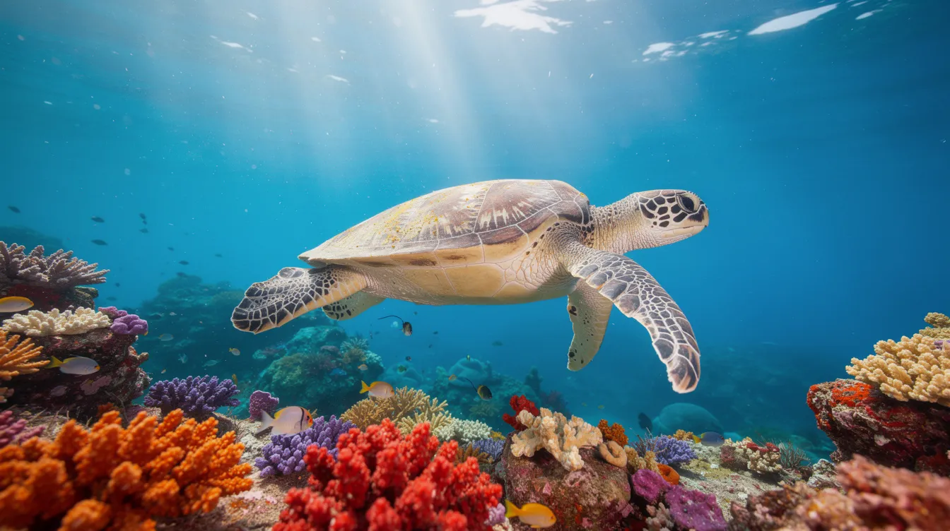 A sea turtle swims gracefully near a vibrant coral reef in the clear blue waters of Arraial do Cabo, Brazil, showcasing the stunning marine life found in this beautiful destination. The scene captures the serene beauty of the underwater world, inviting fellow travelers to explore the amazing beaches and snorkeling opportunities in the area.