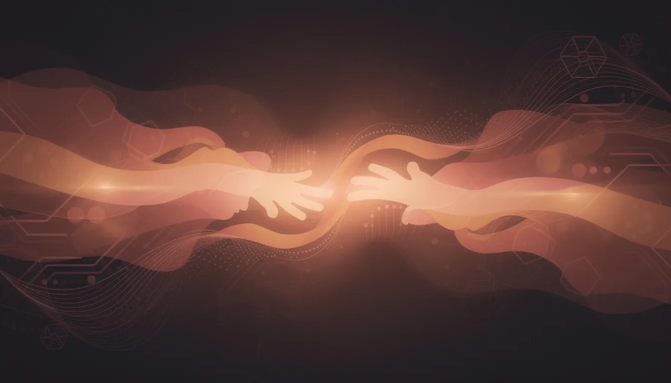 An abstract image depicting the intertwining of human connection and technology, featuring warm colors that evoke feelings of emotional intimacy and mutual respect. It symbolizes the dynamics of relationships, emphasizing the importance of understanding and communication between two people as they navigate their shared vision for the future.