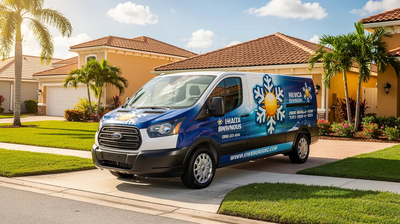 A branded HVAC service van is parked on a residential street, surrounded by lush green lawns and typical Florida-style homes in the background. This scene highlights the presence of local HVAC contractors providing essential services to the community, emphasizing the importance of effective HVAC marketing strategies for visibility in search engines.