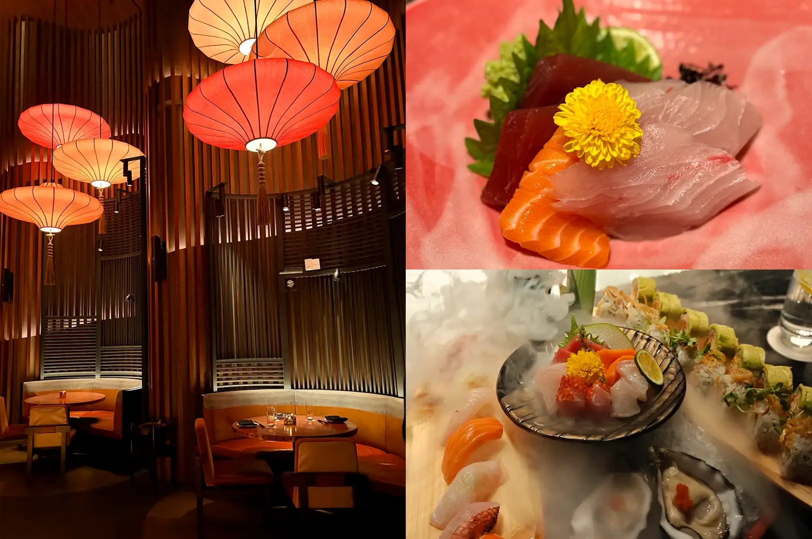 Left: Wide-angle, low-angle interior view of an upscale Japanese restaurant dining room, featuring large illuminated lantern-style ceiling fixtures, curved booth seating, dark wood paneling, vertical slat walls, and warm atmospheric lighting that creates a dramatic architectural setting. Upper Right: Close-up, slightly top-down view of assorted sashimi slices including salmon, tuna, and white fish arranged on a pink plate with green leaves and a yellow edible flower garnish, highlighting smooth textures and precise cuts. Lower Right: Three-quarter close-up of a premium sashimi and sushi presentation displayed over ice with decorative smoke effects, featuring assorted seafood, sushi rolls, citrus slices, edible flowers, and garnishes arranged in a dramatic fine-dining composition.