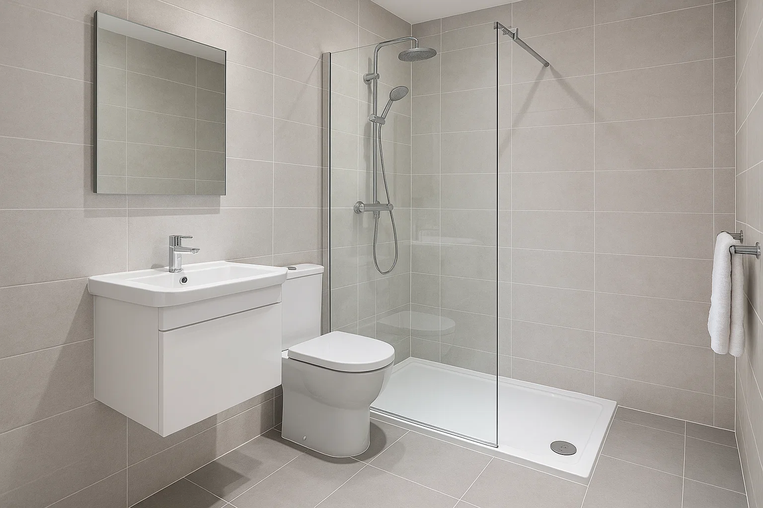 Walk-in shower enclosure with low-profile shower tray and toughened safety glass screen in a modern UK bathroom.
