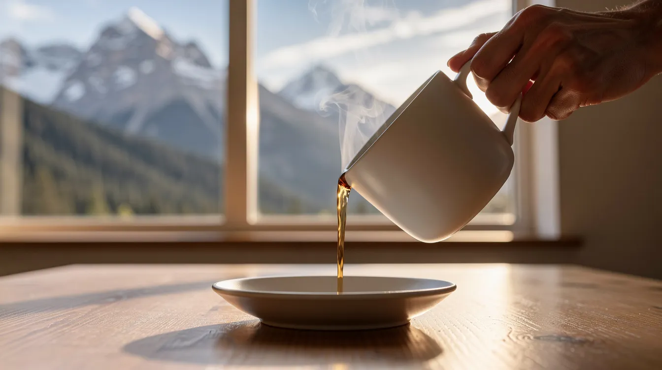 A person is gently pouring warm liquid from a ceramic cup, while a stunning mountain landscape is visible through the window behind them. This serene scene captures the essence of enjoying a natural beverage, possibly enriched with pure Himalayan shilajit, known for its mineral-rich properties and health benefits.
